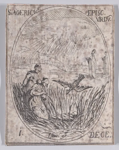 S. Aigri, évêque de Verdun (St. Agericus, Bishop of Verdun), December 1st, from "Les Images De Tous Les Saincts et Saintes de L'Année" (Images of All of the Saints and Religious Events of the Year) by Jacques Callot, print, 1636