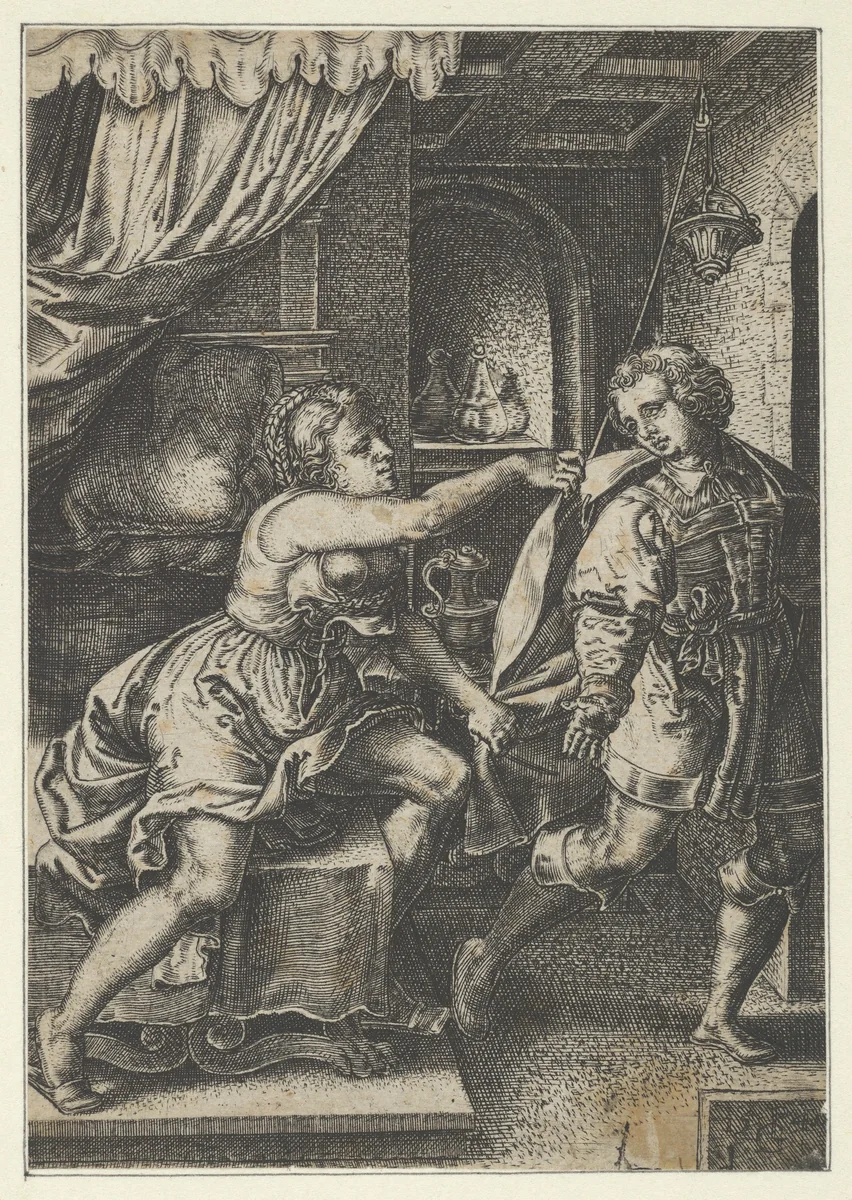 Reverse Copy of Joseph and Potiphar's Wife, from The Story of Joseph by Georg Pencz, print, 1546-1600