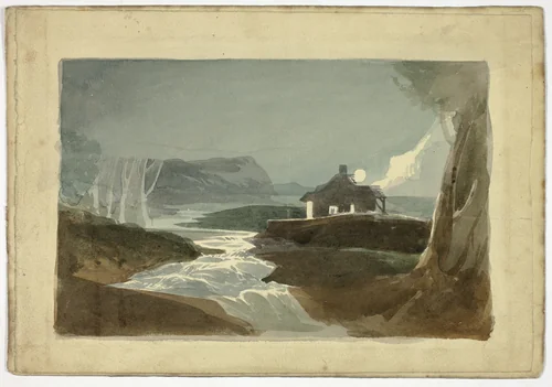 Moon over Cottage by Waterfall (recto); Tower and Thatched-Roof City House (verso) by Unknown Artist, painting, 1800-1899