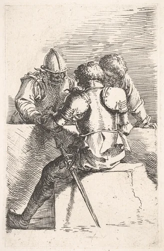 Three warriors conversing at a low wall, one with his back turned, from "Figurine" by Salvator Rosa, print, 1651-1661