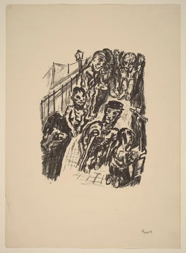 Street Scene with a Cripple and a Praying Man by René Beeh, print, 1921