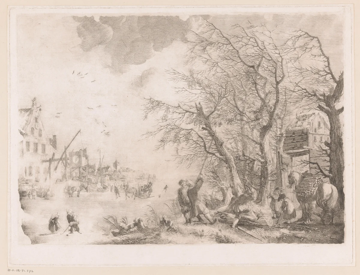 Houthakkers langs een bevroren rivier by Jean Moyreau, print, 1739