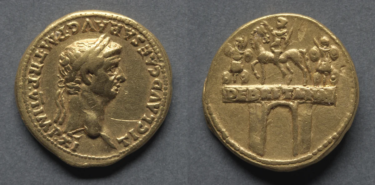 Aureus: Bust of Claudius I (obverse); Triumphal Arch with Equestrian Statue and Trophies (reverse) by Unknown, metalwork, 47-48
