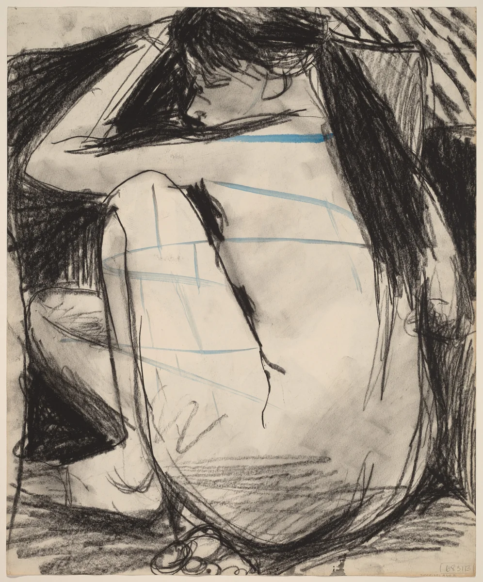 Untitled [seated female nude with limbs drawn close] [verso] by Richard Diebenkorn, drawing, 1955-1967