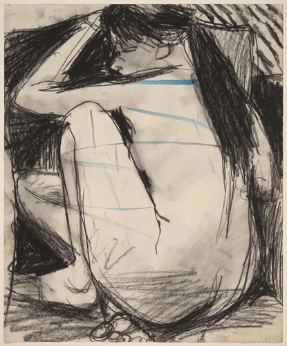 Untitled [seated female nude with limbs drawn close] [verso] by Richard Diebenkorn, drawing, 1955-1967