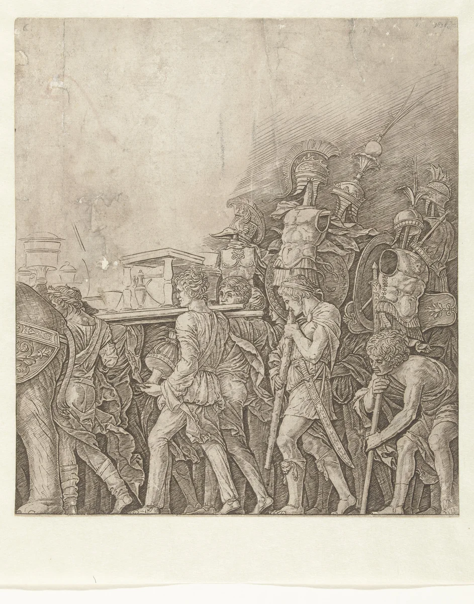 Soldaten met oorlogstrofeeën in triomftocht van Caesar by Unknown, print, 1486-1492