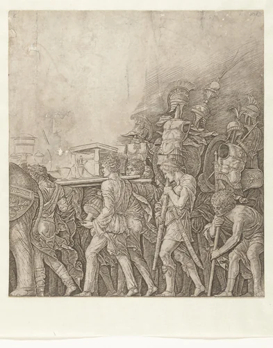 Soldaten met oorlogstrofeeën in triomftocht van Caesar by Unknown, print, 1486-1492