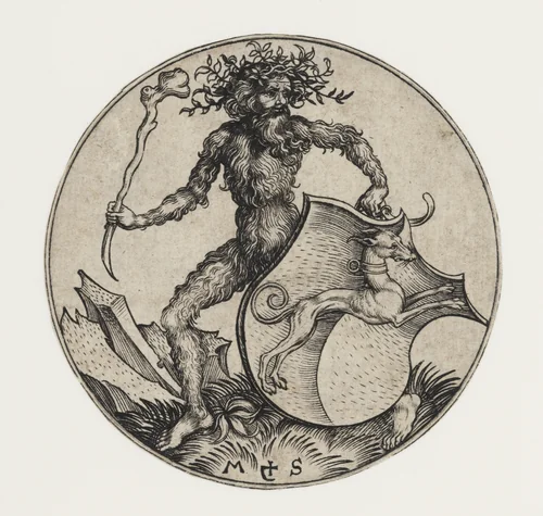 Shield with Greyhound Held by Wild Man by Martin Schongauer, print, 1470-1491