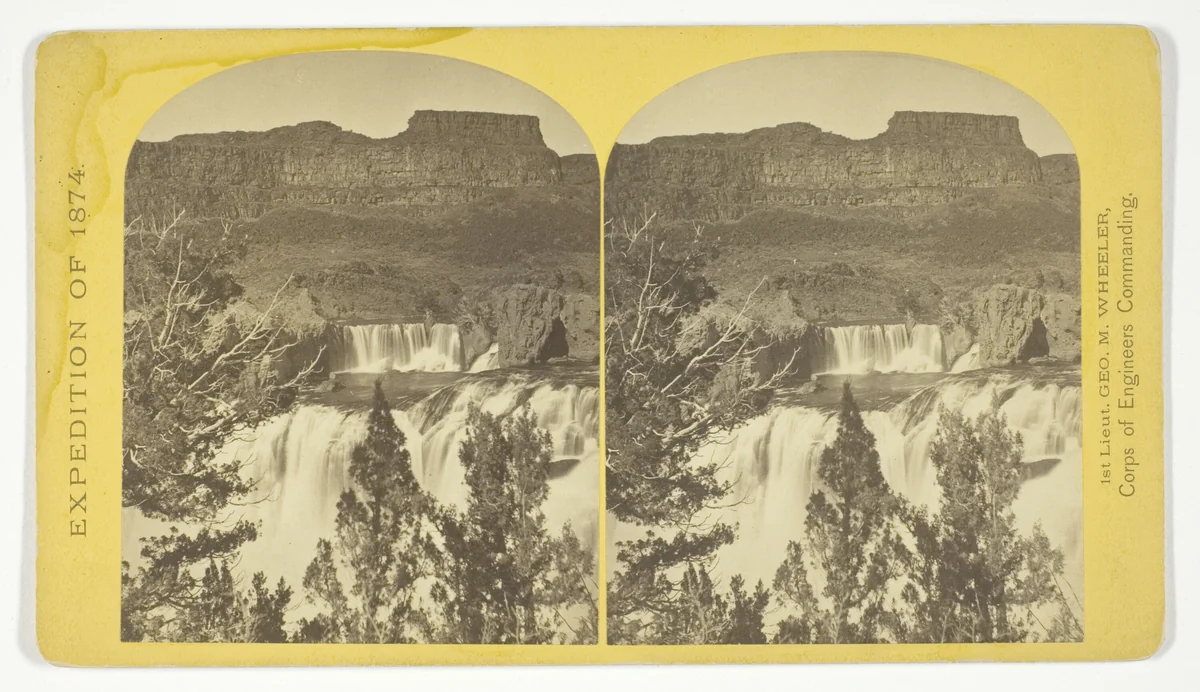 Shoshone Falls, Snake River, Idaho, looking through the timber, and showing the main fall, and upper or "Lace Falls", No. 49 from the series "Geographical Explorations and Surveys West of the 100th Meridian" by Timothy O'Sullivan, photograph, 1874