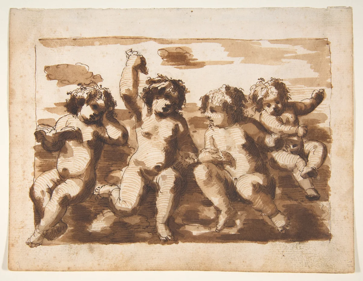 Four Putti on Clouds by Leonardo Scaglia, drawing, 1640-1650