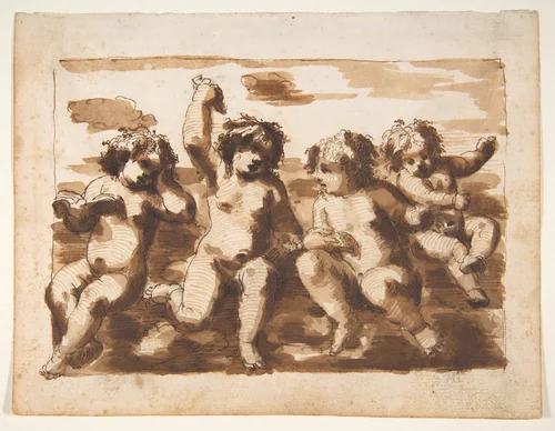 Four Putti on Clouds by Leonardo Scaglia, drawing, 1640-1650