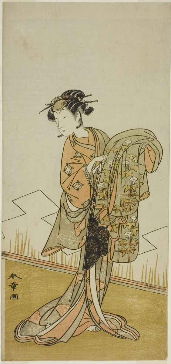 The Actor Nakamura Riko I as the Courtesan Wakamatsu (?) in the Play Gohiiki Kanjincho (?), Performed at the Nakamura Theater (?) in the Eleventh Month, 1773 (?) by Katsukawa Shunsho (勝川 春章), print, 1768-1778