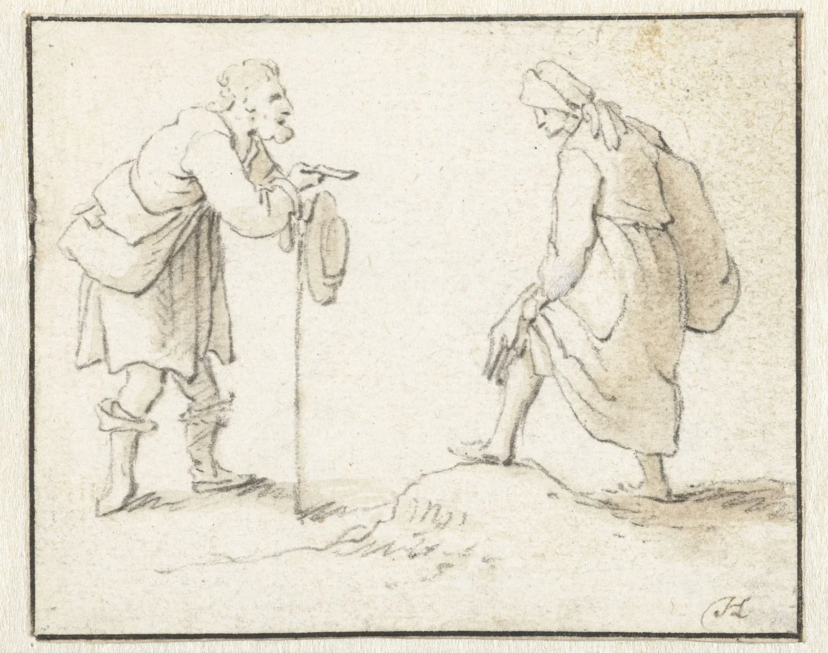 Staande man en vrouw, met elkaar in gesprek by Herman Saftleven, drawing, 1619-1685