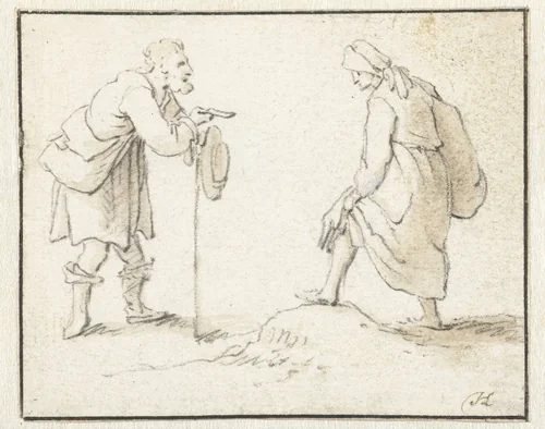 Staande man en vrouw, met elkaar in gesprek by Herman Saftleven, drawing, 1619-1685