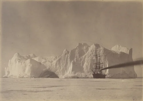 "Between the Iceberg and Field Ice. The "Panther" firing up to escape being forced on to the Berg, as the Ice-Field was swinging towards the Berg which was grounded." by George P. Critcherson, John L. Dunmore, William Bradford, photograph, 1869