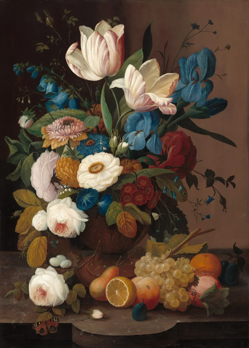 Still Life, Flowers, and Fruit by Severin Roesen, painting, 1848