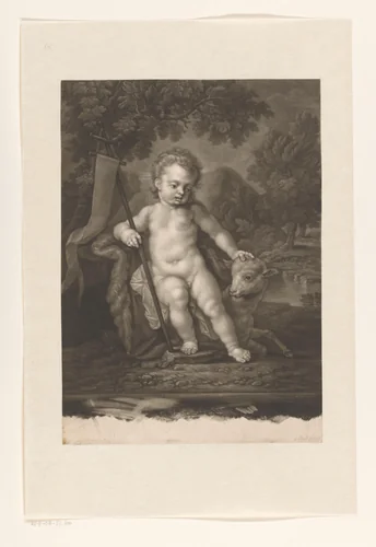 Johannes de Doper als kind met lam by James McArdell, print, 1745-1765
