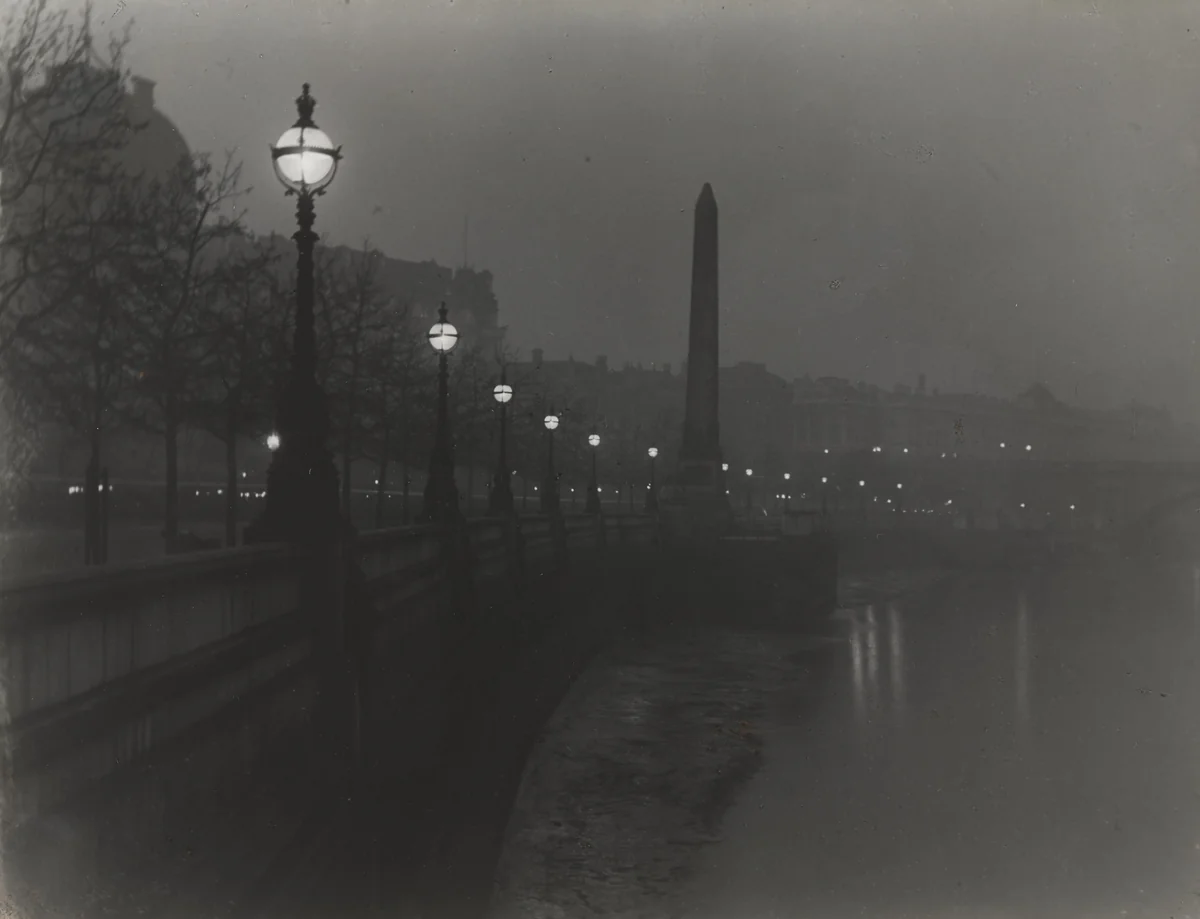 Cleopatra's Needle and the Thames Embankment by Gas-Light by Paul Martin, photograph, 1890