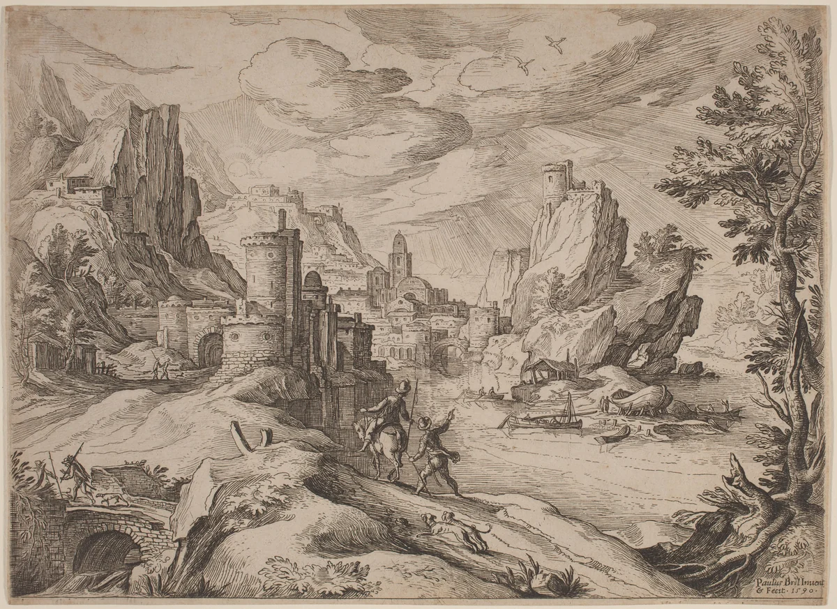 River Landscape with Travelers by Paul Bril, print, 1590