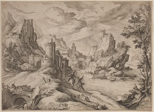 River Landscape with Travelers by Paul Bril, print, 1590