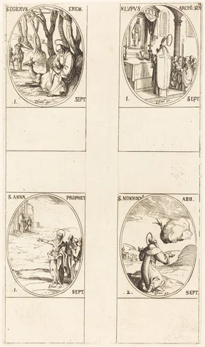 St. Giles; St. Lupus; St. Anne; St. Nonnosus by Jacques Callot, print, 1627-1637