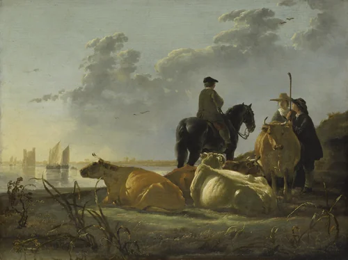 Peasants and Cattle by the River Merwede by Aelbert Cuyp, painting, 1658