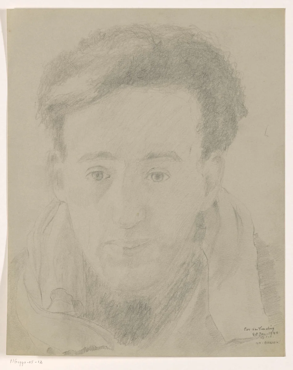Zelfportret en face na bezoek: B-1-1, 28 januari by Cor van Teeseling, drawing, 1942