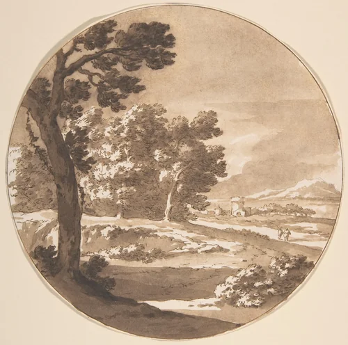 Wooded Landscape with Figures on a Road by Jacob van der Ulft, drawing, 1652-1689
