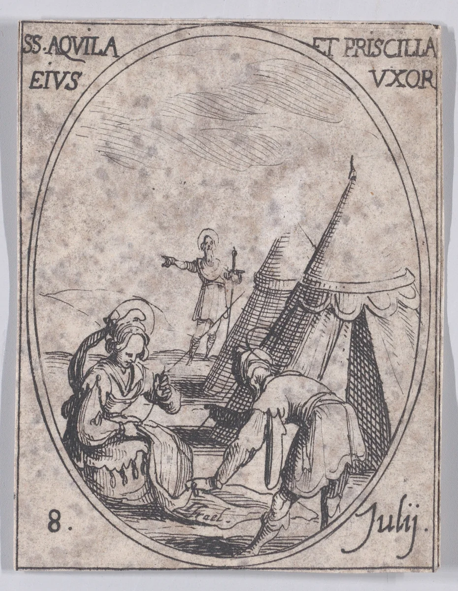 S. Aquilla et Se. Priscille, sa femme (St. Aquila and St. Priscilla, His Wife), July 8th, from "Les Images De Tous Les Saincts et Saintes de L'Année" (Images of All of the Saints and Feast Days of the Year) by Jacques Callot, print, 1636
