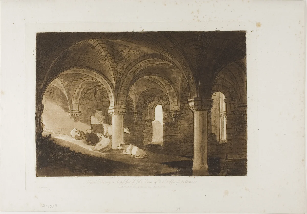 Crypt of Kirkstall Abbey, plate 39 from Liber Studiorum by Joseph Mallord William Turner, print, 1812
