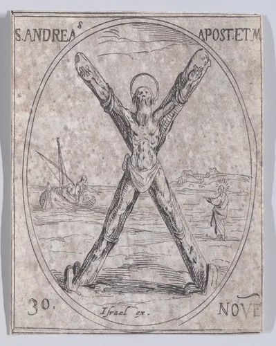 S. André, apotre et martyr (St. Andrew, Apostle and Martyr), November 30th, from "Les Images De Tous Les Saincts et Saintes de L'Année" (Images of All of the Saints and Religious Events of the Year) by Jacques Callot, print, 1636