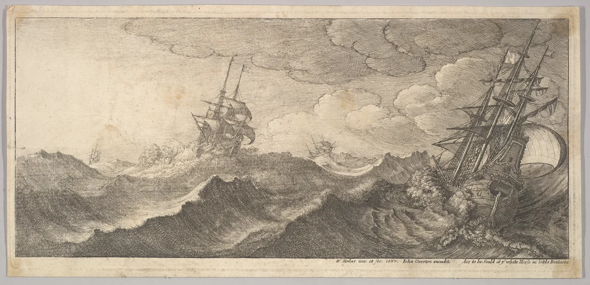 Warship in the trough of a wave by Wenceslaus Hollar, print, 1665