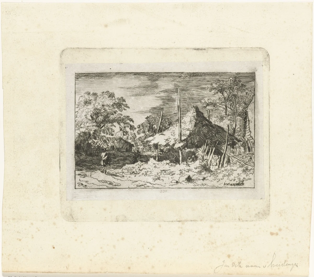 Landschap met hooimijt en figuren by Jan Dik, print, 1897-1911
