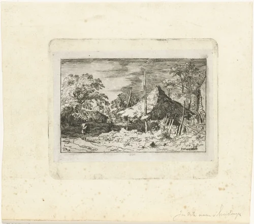 Landschap met hooimijt en figuren by Jan Dik, print, 1897-1911