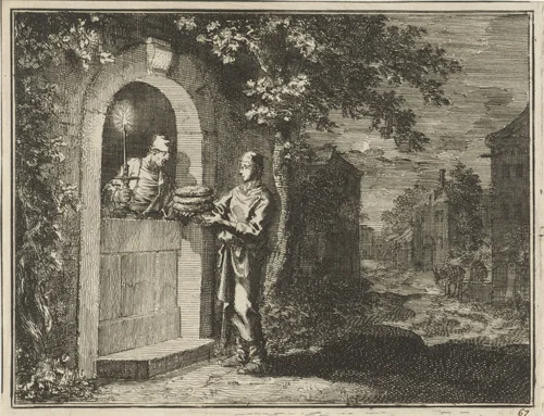 Gelijkenis van de man die 's nachts bij zijn vriend drie broden komt vragen by Jan Luyken, print, 1712