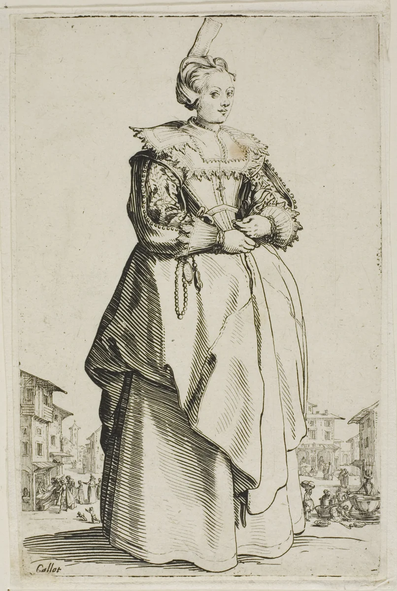 The Lady with the Small Raised Cap, plate one from La Noblesse by Jacques Callot, print, 1612-1635