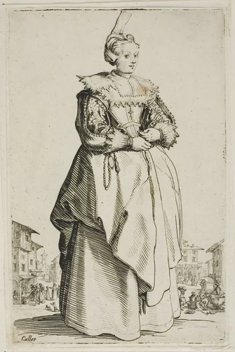 The Lady with the Small Raised Cap, plate one from La Noblesse by Jacques Callot, print, 1612-1635