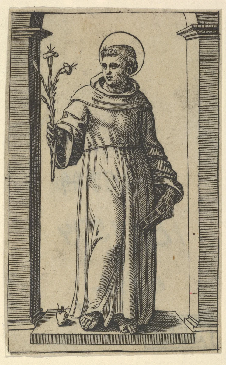 Saint Anthony of Padua standing, lillies in his raised right hand, a book in his left, from "Piccoli Santi" (Small Saints) by Marcantonio Raimondi, print, 1495-1532
