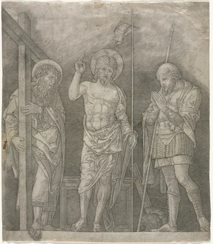 Risen Christ Between Saints Andrew and Longinus by Giovanni Antonio da Brescia, print, 1500-1504