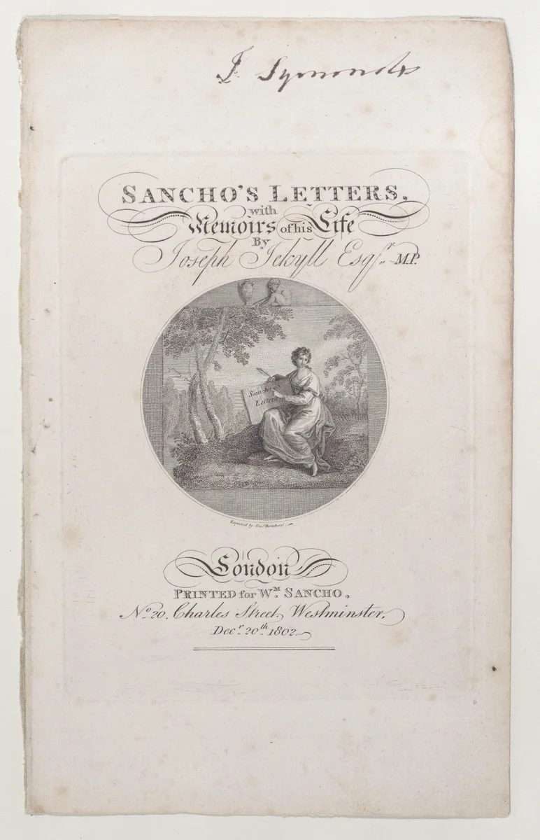 Title Page, "Sancho's Letters, with Memoirs of his Life," by Joseph Jekyll, Esq., M.P. by Francesco Bartolozzi, print, 1802