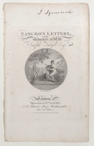 Title Page, "Sancho's Letters, with Memoirs of his Life," by Joseph Jekyll, Esq., M.P. by Francesco Bartolozzi, print, 1802