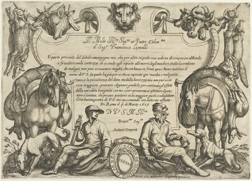 Frontispiece with Hunters, Dogs and Horses, from "Hunting Scenes VI" by Antonio Tempesta, print, 1609