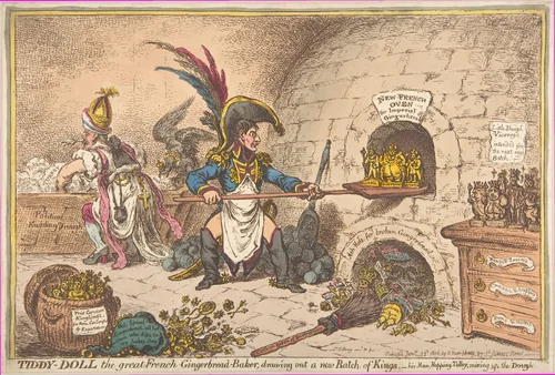Tiddy-Doll, the Great French-Gingerbread-Baker; Drawing Out a New Batch of Kings, His Man Hopping Talley, Mixing Up the Dough by James Gillray, print, 1806