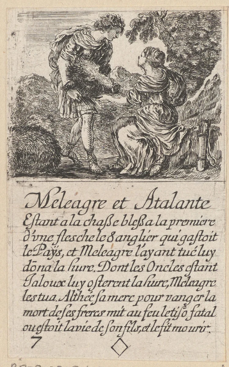 Meleager en Atalanta by Stefano della Bella, print, 1620-1664