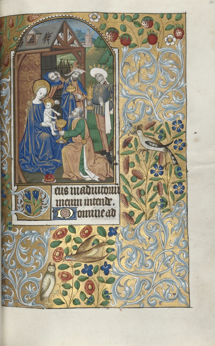 Book of Hours (Use of Rouen): fol. 64r, Opening of Sext, Adoration of the Magi by Master of the Geneva Latini, book, 1465-1475