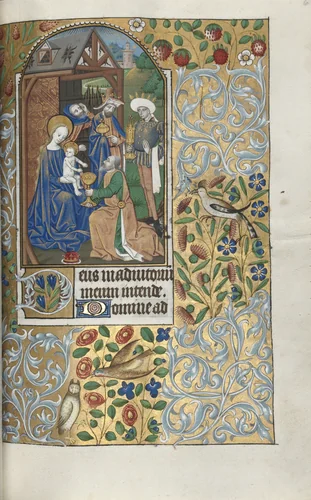 Book of Hours (Use of Rouen): fol. 64r, Opening of Sext, Adoration of the Magi by Master of the Geneva Latini, book, 1465-1475
