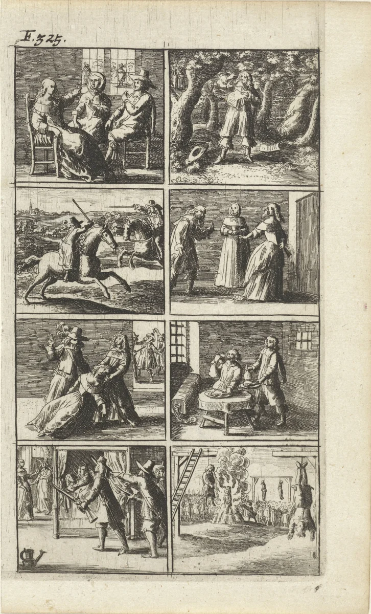 Verhaal met voorstellingen van moord en doodstraf (F. 325.) by Abraham Dircksz. Santvoort, print, 1667