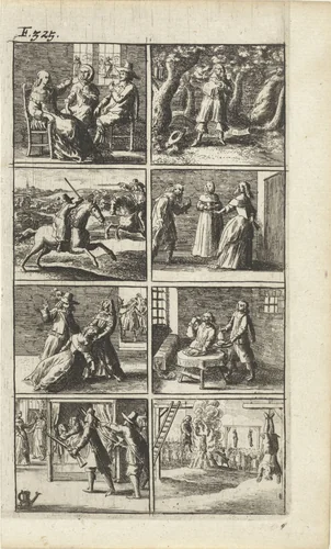 Verhaal met voorstellingen van moord en doodstraf (F. 325.) by Abraham Dircksz. Santvoort, print, 1667