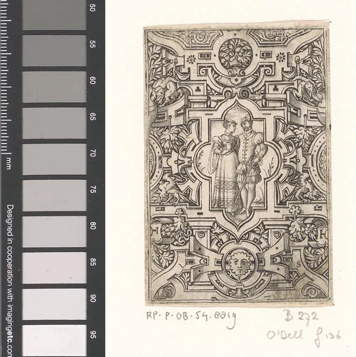 Man en vrouw in een rolwerk omlijsting by Unknown, print, 1524-1562