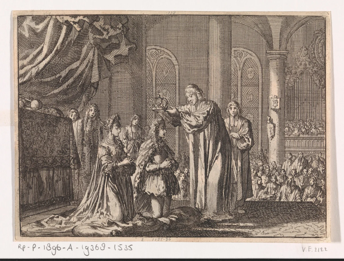 Kroning van Willem III en Maria II Stuart door de aartsbisschop van Canterbury, 1689 by Jan Luyken, print, 1698